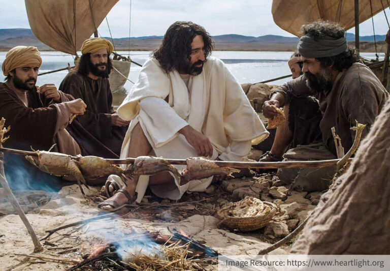 Jesus and His disciples sitting by the sea talking